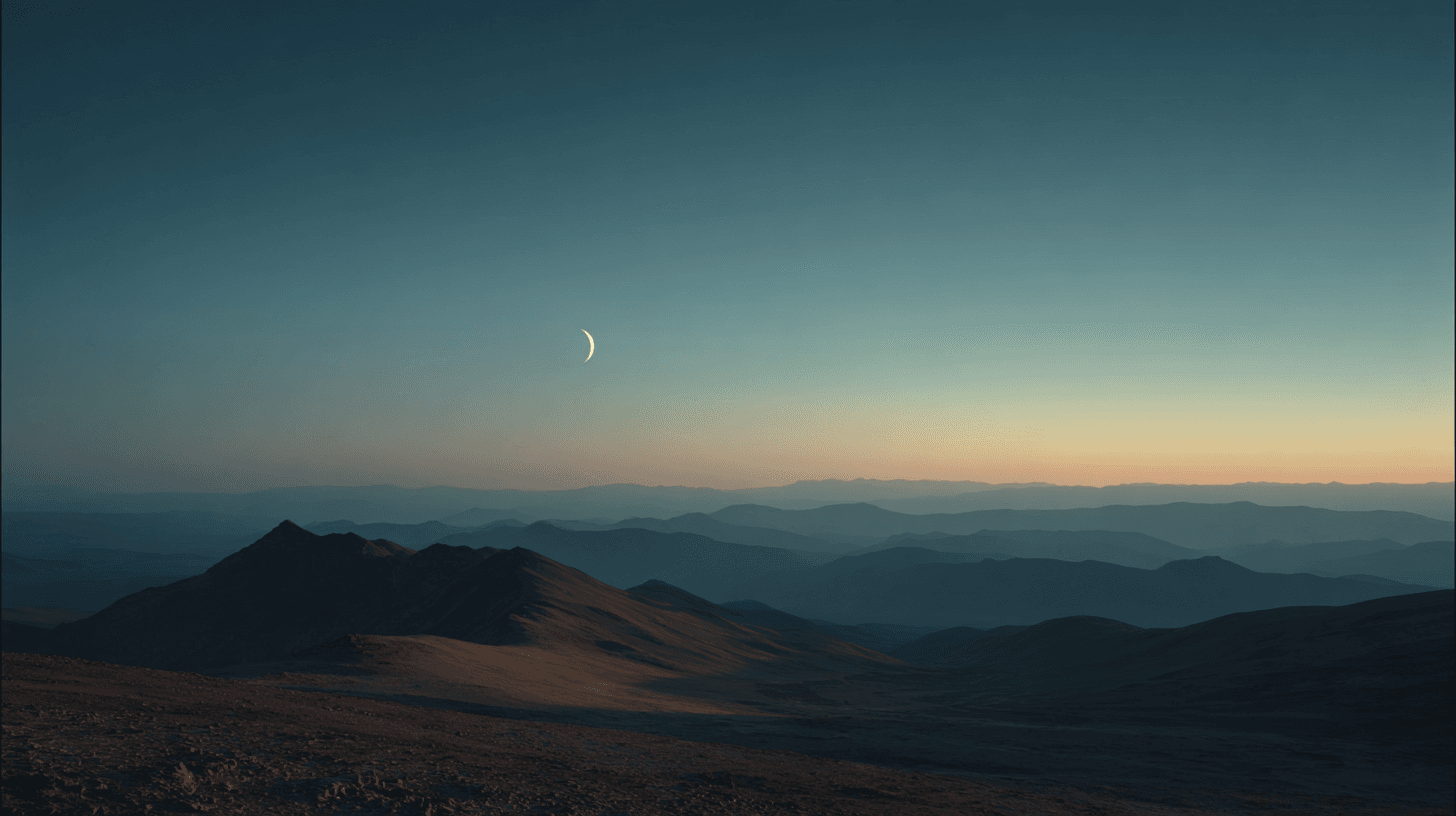 A vast ancient landscape at twilight — a crescent moon over layered mountain ranges